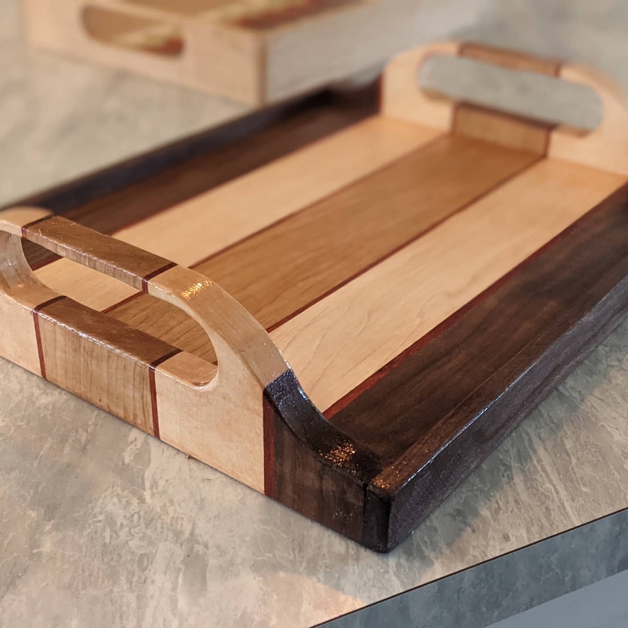 Handcrafted with Walnut Hardwood Serving Tray Offset Stripes and Padauk Maple